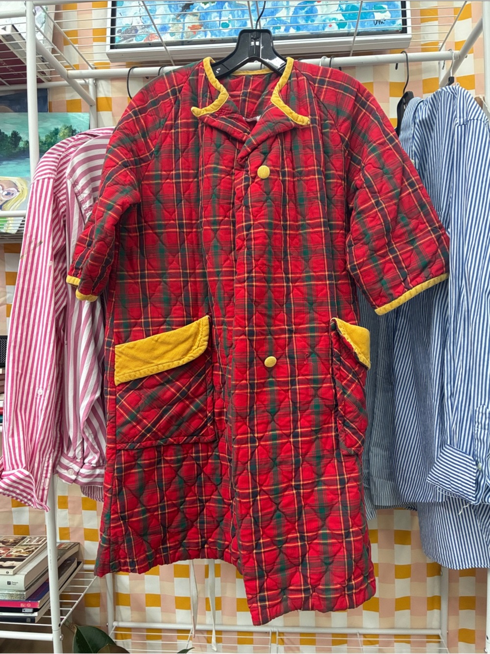 Vintage 50’s (?) Quilted Plaid Coat with Golden Yellow Trim- fits a small/medium